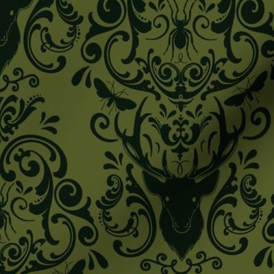 STAG PARTY DAMASK - BLACK ON PICKLE GREEN