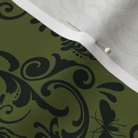 STAG PARTY DAMASK - BLACK ON PICKLE GREEN