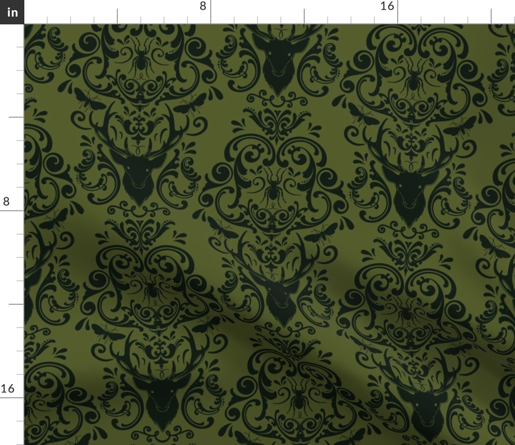 STAG PARTY DAMASK - BLACK ON PICKLE GREEN