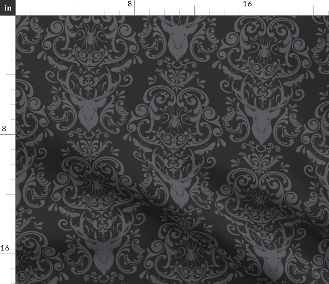 STAG PARTY DAMASK - LIGHT GRAY ON DARK GRAY