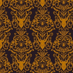 STAG PARTY DAMASK - PUMPKIN ON MIDNIGHT BLACK