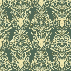STAG PARTY DAMASK - SUNSHINE YELLOW ON SAGE GREEN