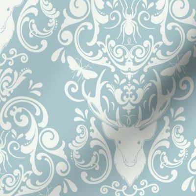 STAG PARTY DAMASK - CREAM ON DUCKEGG BLUE
