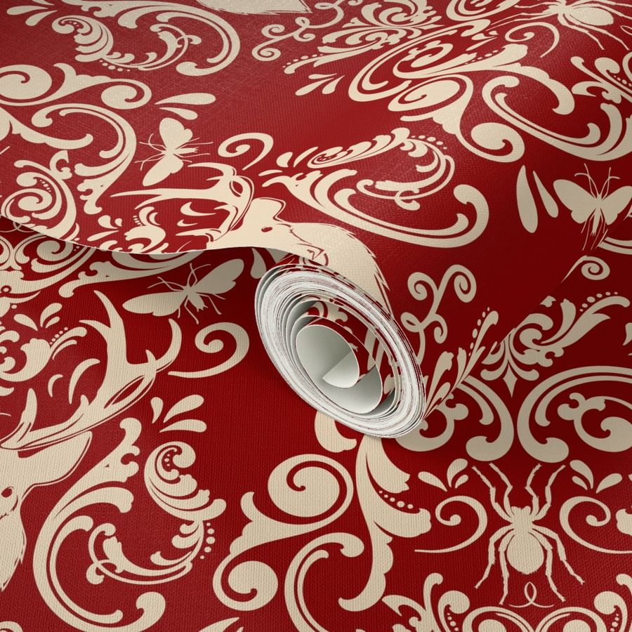 STAG PARTY DAMASK - CREAM ON CURRANT RED