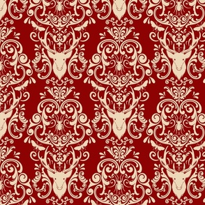 STAG PARTY DAMASK - CREAM ON CURRANT RED