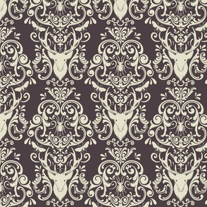 STAG PARTY DAMASK - CREAM ON DARKEST EGGPLANT, LARGE SCALE