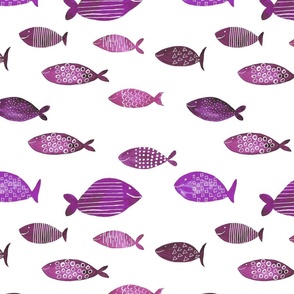 Whimsical watercolor fishes in purple and mauve from Anines Atelier. Use the design for cottage core interior