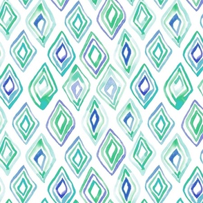 (L)Whimsical geometric diamond shapes in teal and blue. Use the design for living room walls and interior. Loose watercolor style