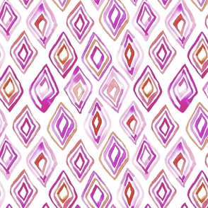 (L)Whimsical geometric diamond shapes in pink, purple orange from Anines Atelier. Use the design for living room walls and interior. Loose watercolor style