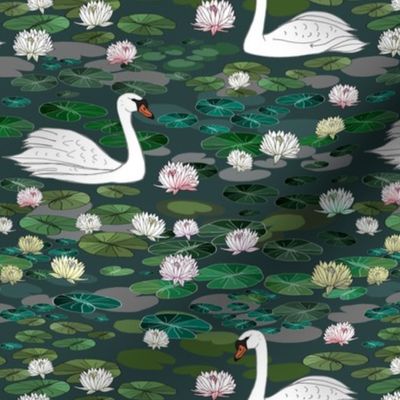 Serene Swans Swimming in a Lily Pad Pond (small scale) 