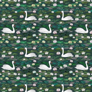Serene Swans Swimming in a Lily Pad Pond (small scale) 