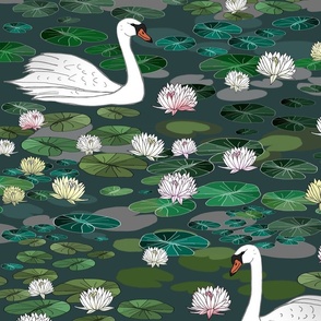 Serene Swans Swimming in a Lily Pad Pond (large scale)  
