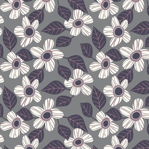 Block Print Style Flowers and Leaves - Grey