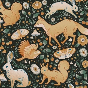 Woodland Animals: fox, rabbit, birds, flowers. Dark Forest - retro version