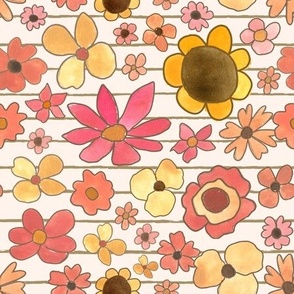 retro florals - rosy neutrals on  brown cream stripes