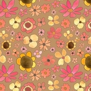 retro florals - rosy neutrals on brown