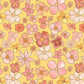 retro soft pink florals on sunflower yellow