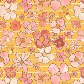 retro soft pink florals on orange and cream stripes