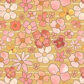 retro soft pink florals on mustard and cream stripes