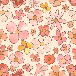 retro soft pink florals on warm cream 