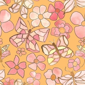 retro blooms and butterflies on muted orange