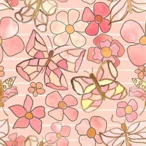 retro blooms and butterflies on peach cream stripes