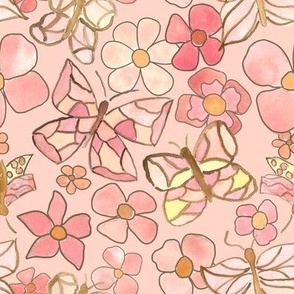 retro blooms and butterflies on soft pink