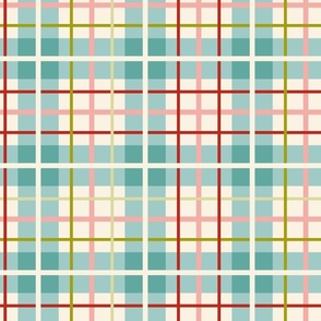 Colourful simple striped plaid - teal, rose pink, poppy red and olive on ivory - coordinate for Retro Christmas 2022