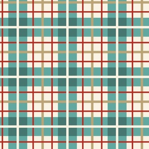 Colourful simple striped plaid - dark teal, poppy red and dark ivory on ivory - coordinate for Retro Christmas 2022