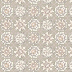 Neutral Circle and Abstract Flower Medallions Repeating Pattern