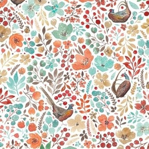 Watercolour floral autumnal pheasants 