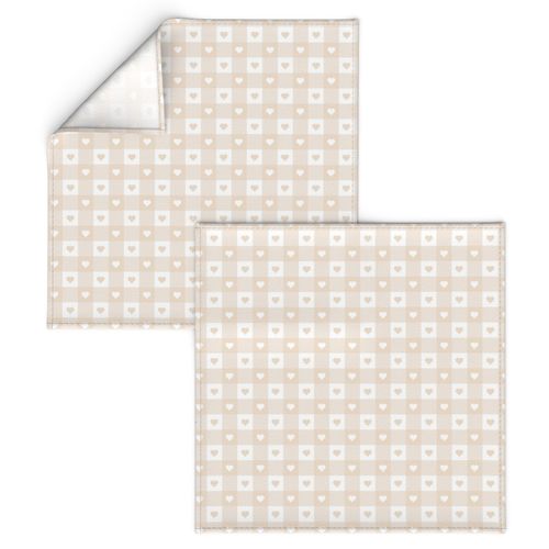  Valentines Natural and White Gingham Check with Center Heart Medallions in Natural and White 