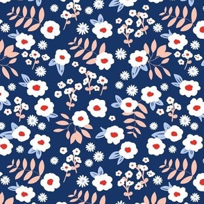 Buttercup daisies - Boho summer blossom ditsy flowers wild meadow romance and leaves bohemian garden blush peach blush red on navy blue