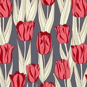 Red tulips on  dark grey
