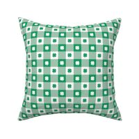 Kelly  and White Gingham Check with Center Shamrock Medallions in Kelly and White