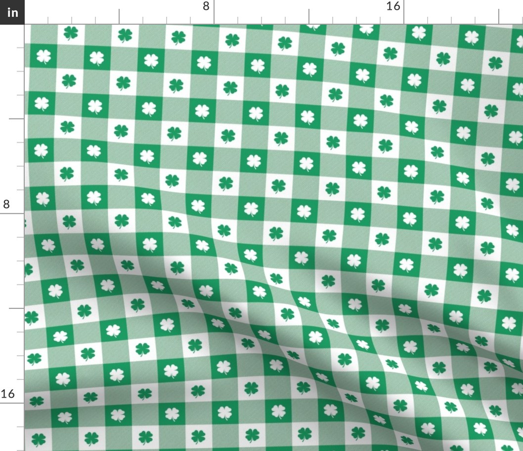 Kelly  and White Gingham Check with Center Shamrock Medallions in Kelly and White