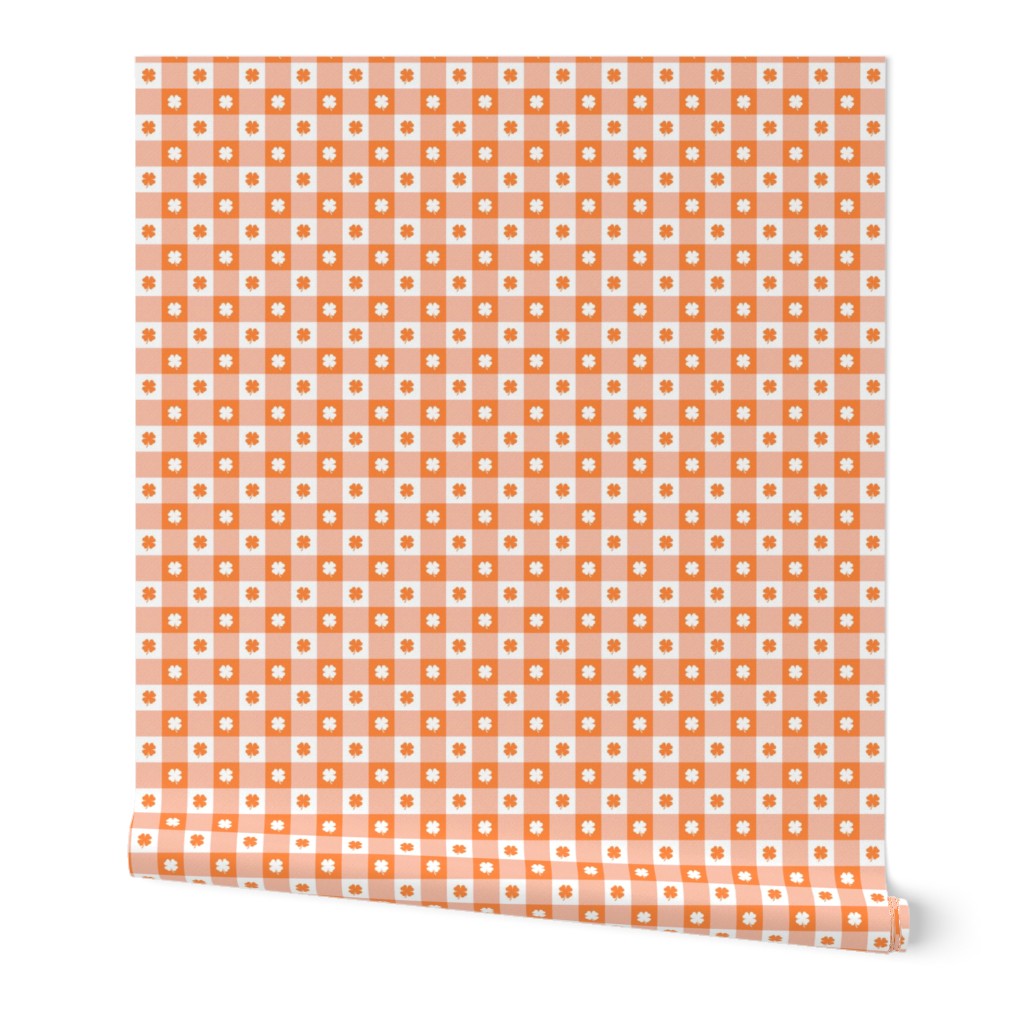 Orange and White Gingham Check with Center Shamrock Medallions in White and Orange