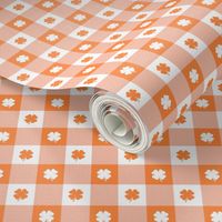 Orange and White Gingham Check with Center Shamrock Medallions in White and Orange