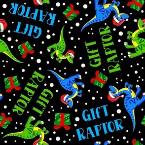 Large Scale Gift Raptor Funny Gift Wrapping Santa Dinosaurs and Presents on Black