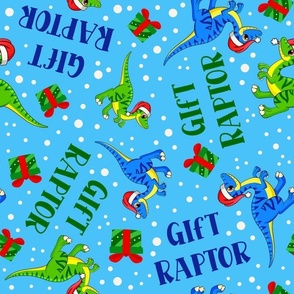 Large Scale Gift Raptor Funny Gift Wrapping Santa Dinosaurs and Presents on Blue