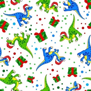 Large Scale Christmas Dinosaurs Santa Raptors and Presents on White