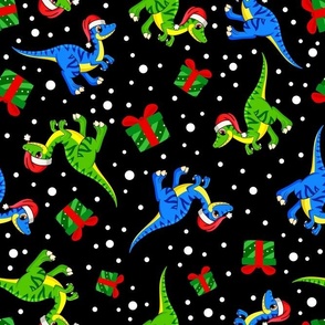 Large Scale Christmas Dinosaurs Santa Raptors and Presents on Black
