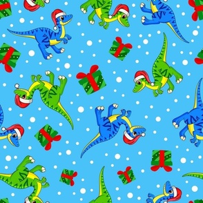 Large Scale Christmas Dinosaurs Santa Raptors and Presents on Blue