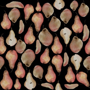 sliced red pears on black/ watercolor