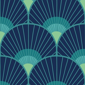Art Deco Peacock Feather Fan Scallop navy turquoise XL 12in wallpaper scale by Pippa Shaw