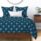 Art Deco Peacock Feather Fan Scallop navy turquoise 8in wallpaper scale by Pippa Shaw