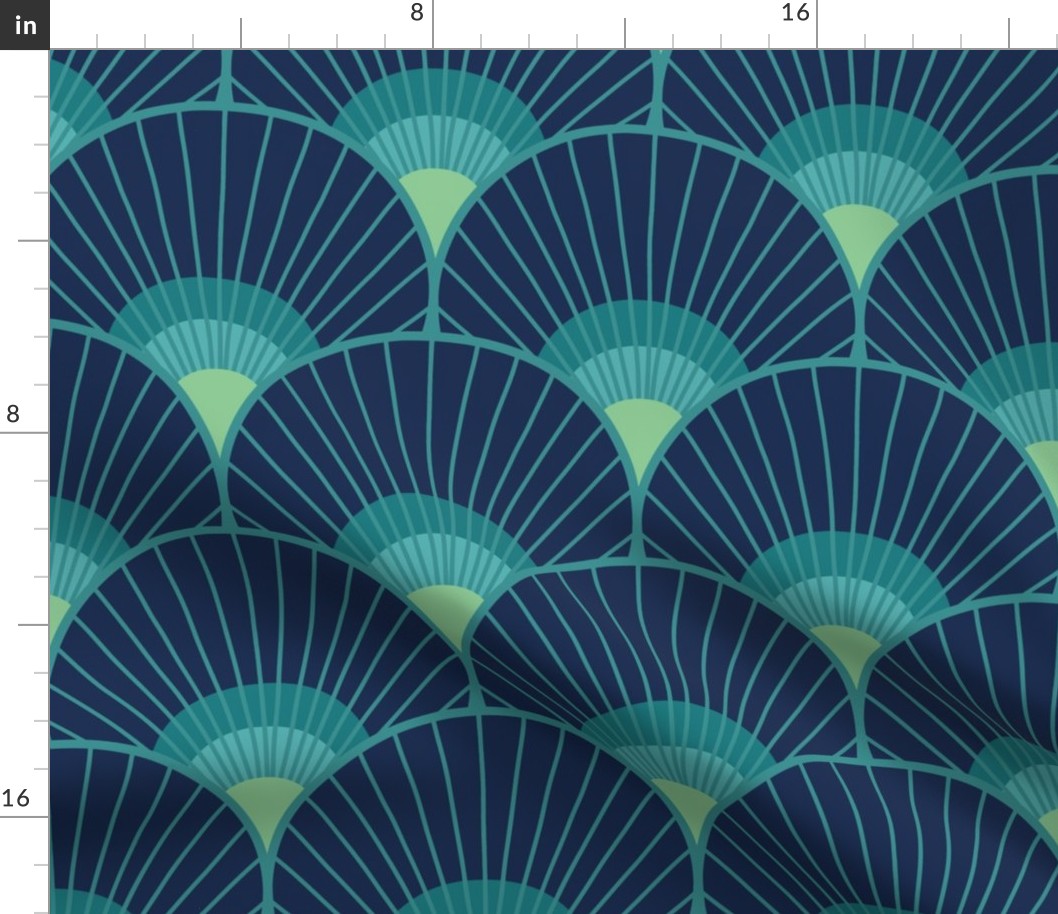 Art Deco Peacock Feather Fan Scallop navy turquoise 8in wallpaper scale by Pippa Shaw