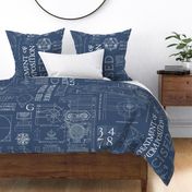 Vintage Architecture Pattern With Drawings And Text Blue White