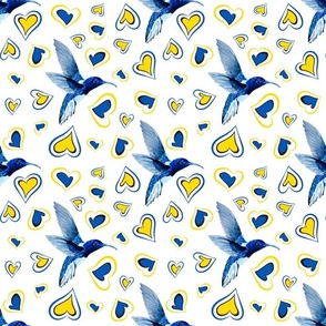 Birds and Hearts in Blue and Yellow Colors on white bg