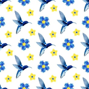 Birds and Flowers in Blue and Yellow Colors on white bg
